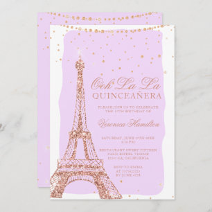 Invitation Tour Eiffel rose parties scintillant or violet qui