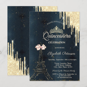 Invitation Tour Eiffel Rose Ruban Diadème,Gouttes Bleu Quince