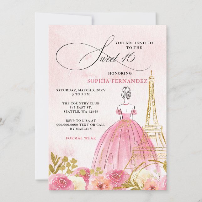 Invitation Tour Eiffel rose vif Paris Sweet 16 (Devant)