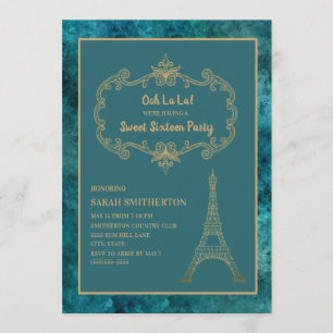 Invitation Tour Eiffel sarcelle et or élégante Sweet 16