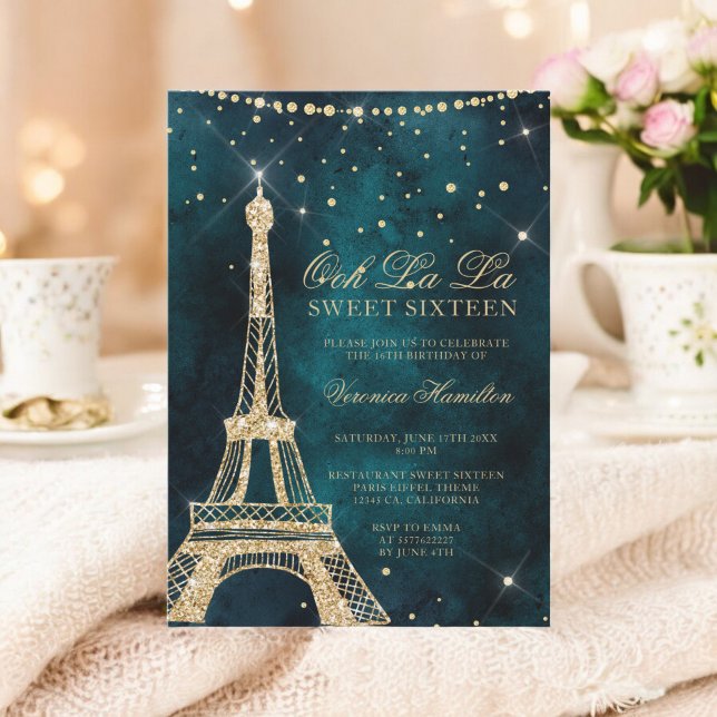Invitation Tour Eiffel sarcelle or paillettes scintillement S (Eiffel tower teal gold glitter sparkle Sweet 16 Invitation)