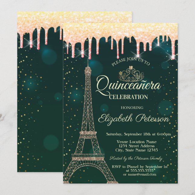 Invitation Tour Eiffel, Tiara, Dérivées Vertes Quinceañera (Devant / Derrière)