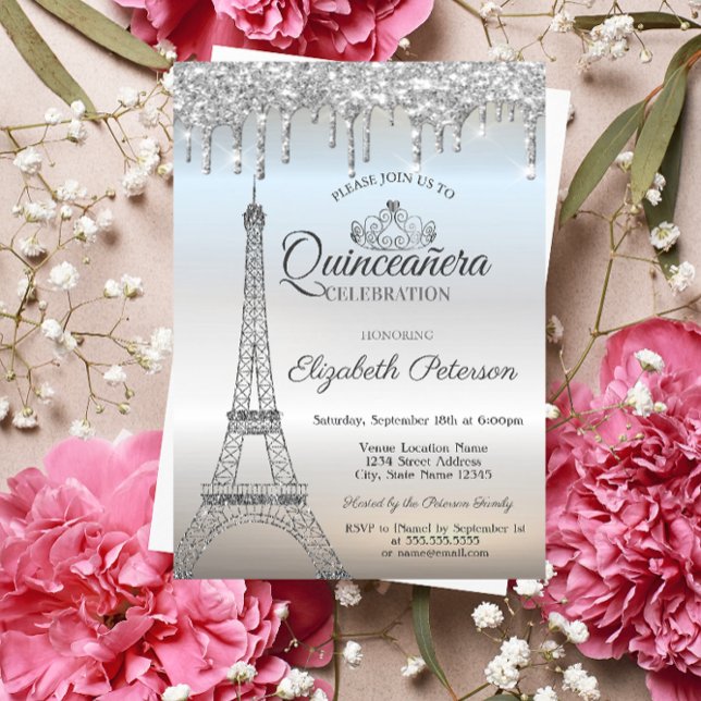 Invitation Tour Eiffel, Tiara, Dérivés en argent Quinceañera (Créateur téléchargé)