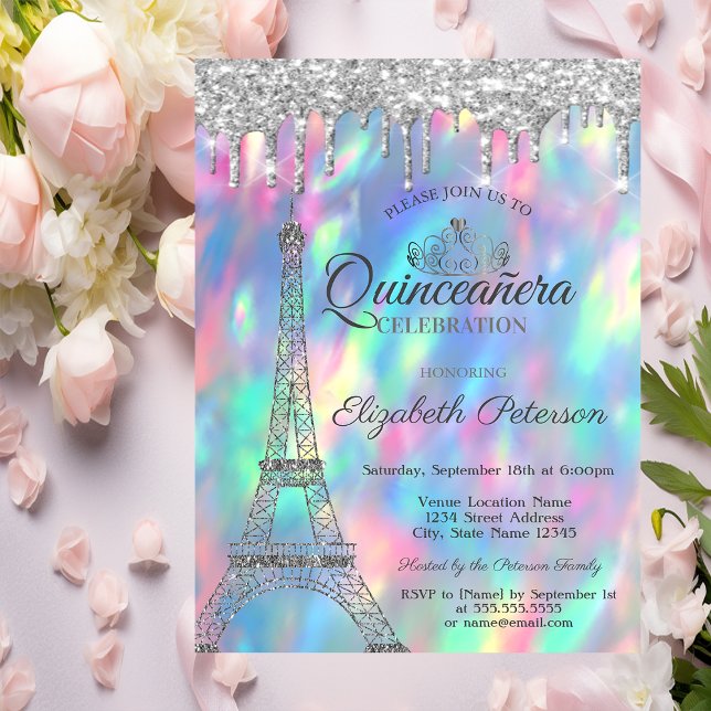 Invitation Tour Eiffel, Tiara, Drives Holographique Quinceañe (Créateur téléchargé)
