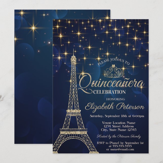 Invitation Tour Eiffel, Tiara, Etoiles Marine Blue Quinceañer (Devant / Derrière)