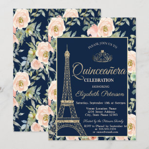 Invitation Tour Eiffel, Tiara, Marine Rose Blue Quinceañera