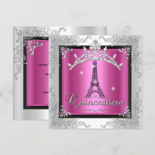 Invitation Tour Eiffel Tiara Quinceanera rose argent