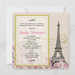 Invitation Tour Eiffel vintage aux fleurs roses Anniversaire
