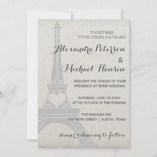 Invitation Tour Eiffel vintage Paris sur Mariage gris antique