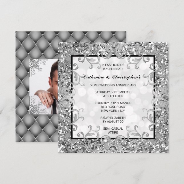 Invitation Tourbillon de fleurs argentées pailletées quatrefe (Devant / Derrière)