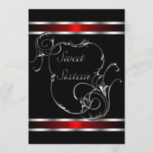 Invitation Tourbillon Noir Rouge Argent Élégant Sweet Sixteen