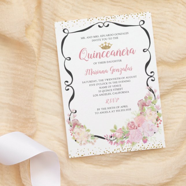 Invitation Tourbillonnant cadre noir rose Floral Quinceanera (Créateur téléchargé)