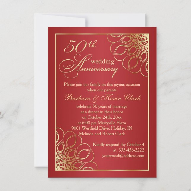 Invitation Tourbillons d'or sur la photo rouge 50e anniversai (Devant)