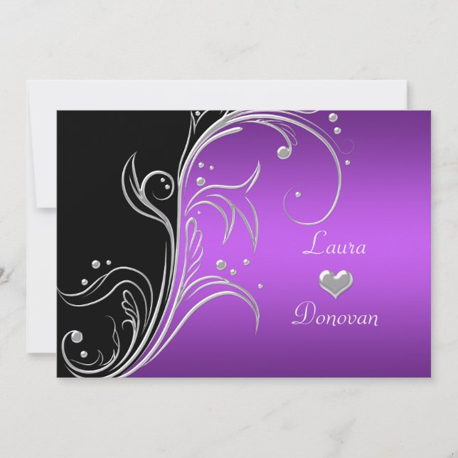 Invitation Tourbillons Floraux Argent Violet Noir Réception U (Devant)