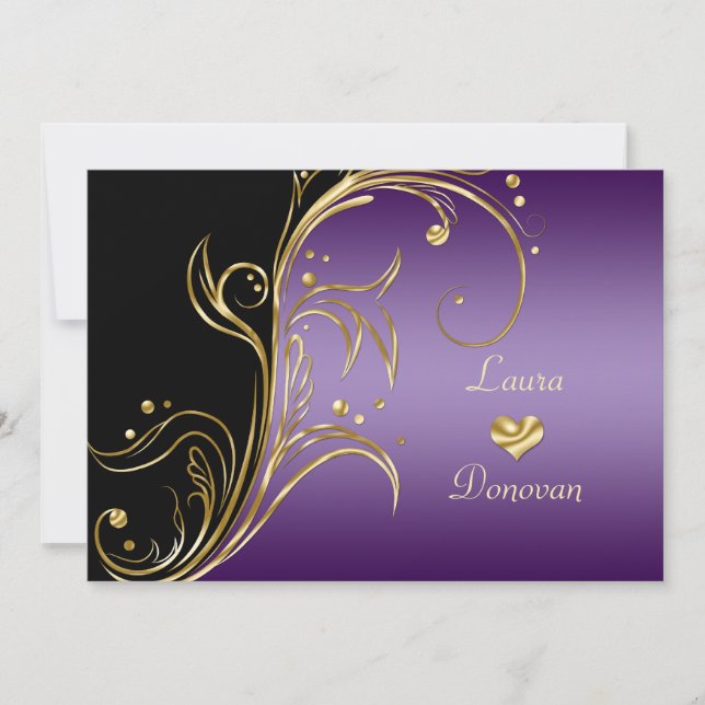 Invitation Tourbillons Floraux Noir Or Violet Réception Seule (Devant)