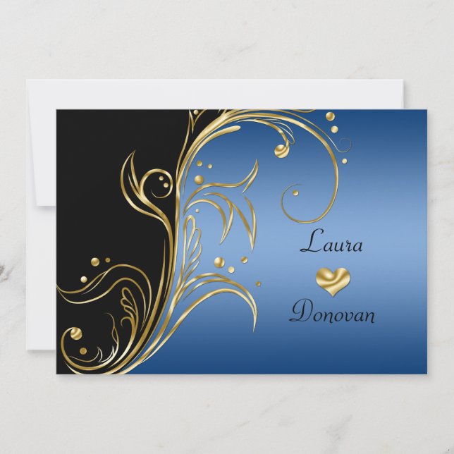 Invitation Tourbillons Floraux Or Bleu Noir Réception Uniquem (Devant)