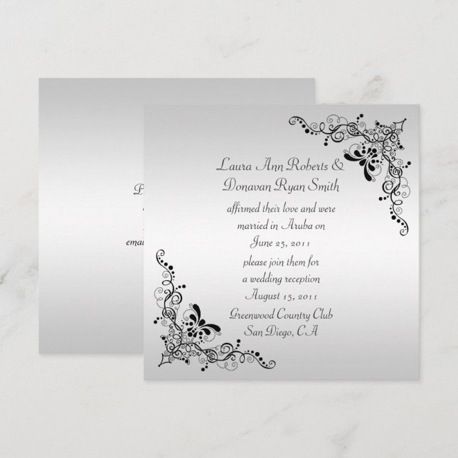 Invitation Tourbillons noirs sur fond argenté Post-mariage (Devant / Derrière)