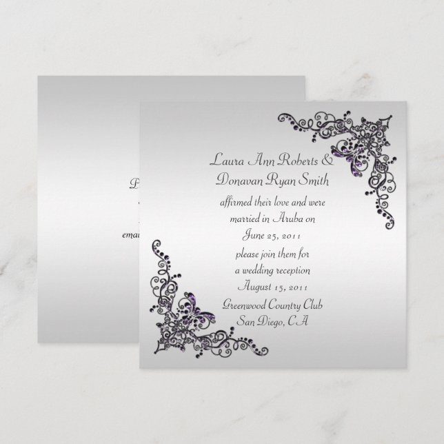 Invitation Tourbillons noirs violets sur fond argenté Post Ma (Devant / Derrière)