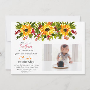 Invitation Tournesol 1er anniversaire fille photo florale