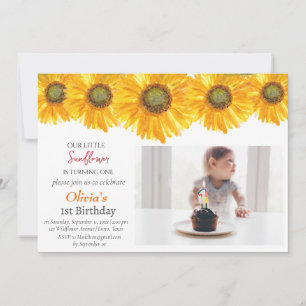 Invitation Tournesol 1er anniversaire fille photo florale