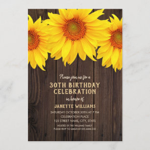 Invitation Tournesol 30e anniversaire de la fête Rustic Wood