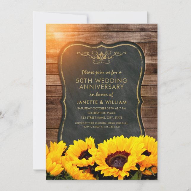 Invitation Tournesol 50e anniversaire de mariage Rustique Aut (Devant)