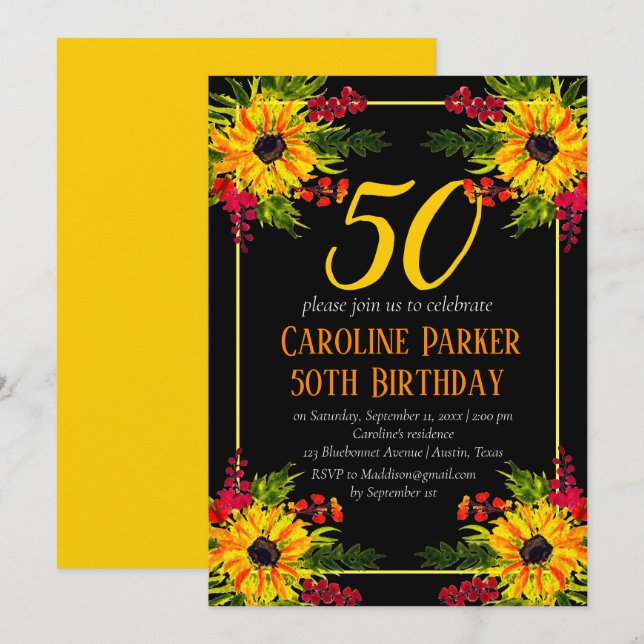 Invitation Tournesol 50e anniversaire Jaune Floral Adulte (Devant / Derrière)