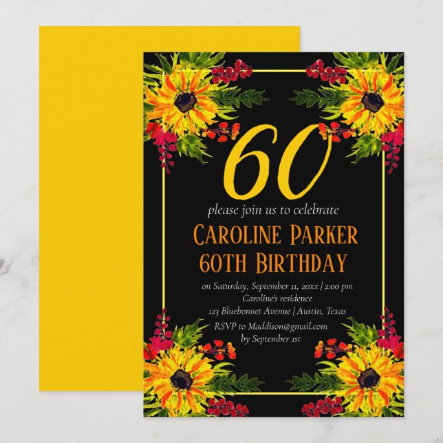 Invitation Tournesol 60e anniversaire Jaune Floral Adulte (Devant / Derrière)