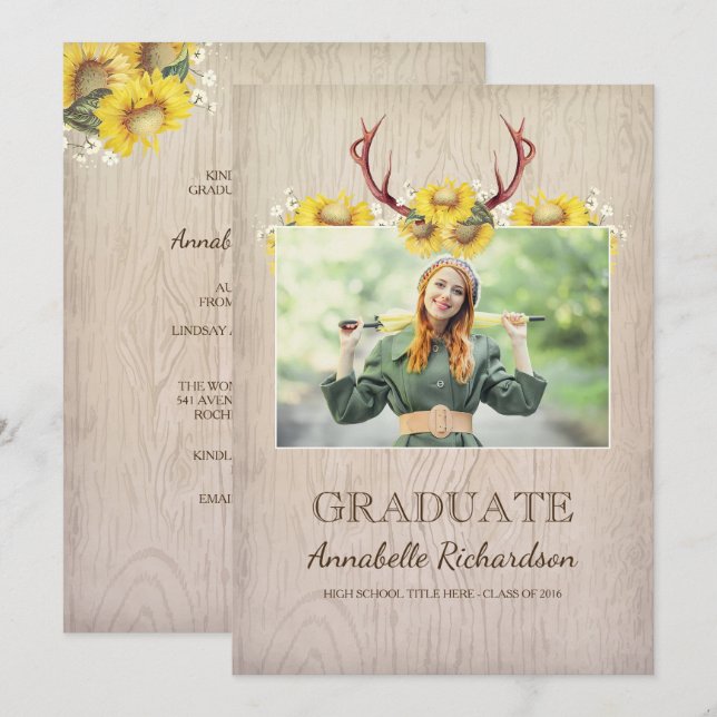 Invitation Tournesol Antlers Rustic Photo Graduation (Devant / Derrière)