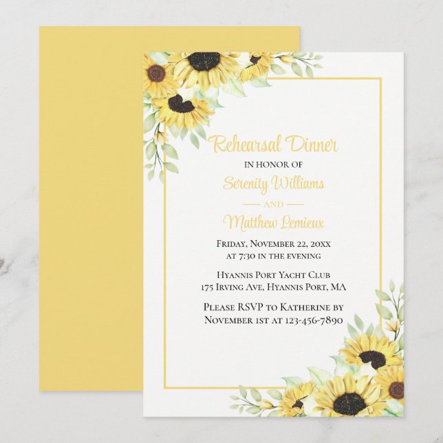 Invitation Tournesol Aquarelle Floral Dîner de répétition Inv (Devant / Derrière)
