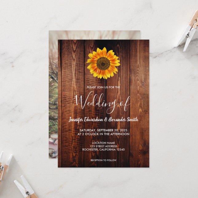 Invitation Tournesol aquarelle mariage photo bois rustique (Devant/Arrière en situation)