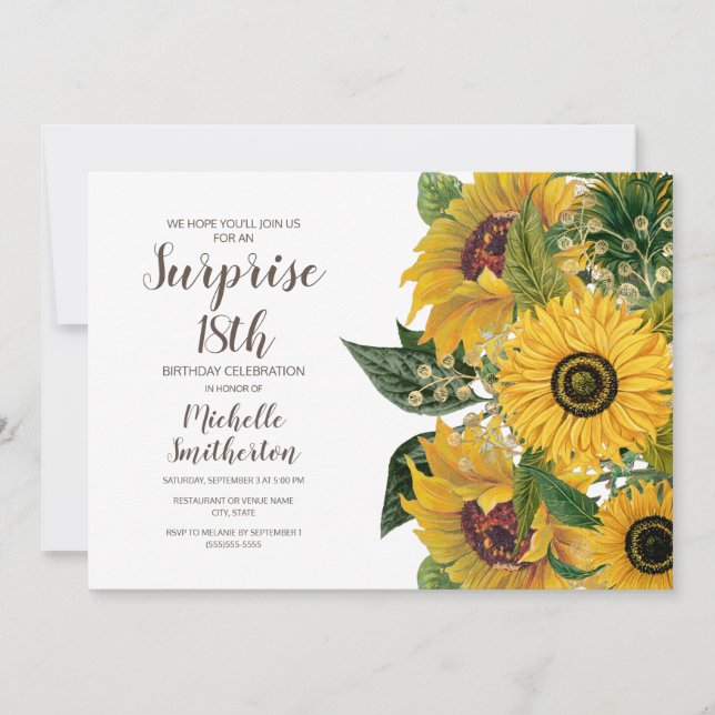 Invitation Tournesol Blanc Jaune Surprise 18e anniversaire (Devant)