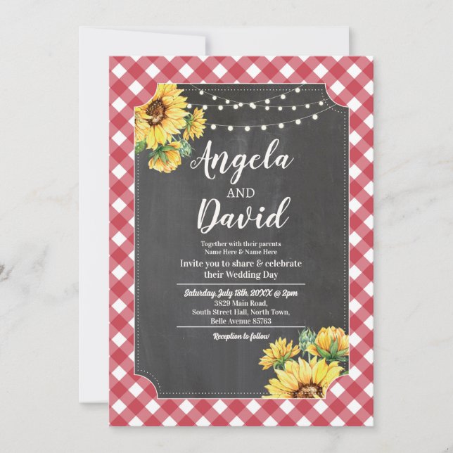 Invitation Tournesol blanc rouge mariage En vichy lumières fl (Devant)