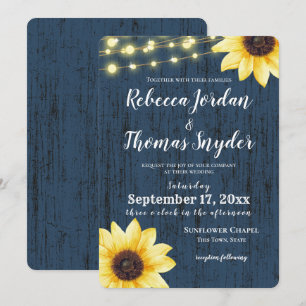 Invitation Tournesol bleu marine et éclats Mariage rustique