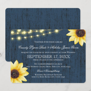 Invitation Tournesol bleu marine et éclats Mariage rustique