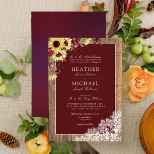 Invitation Tournesol Bourgogne Rustique Mariage de script de 