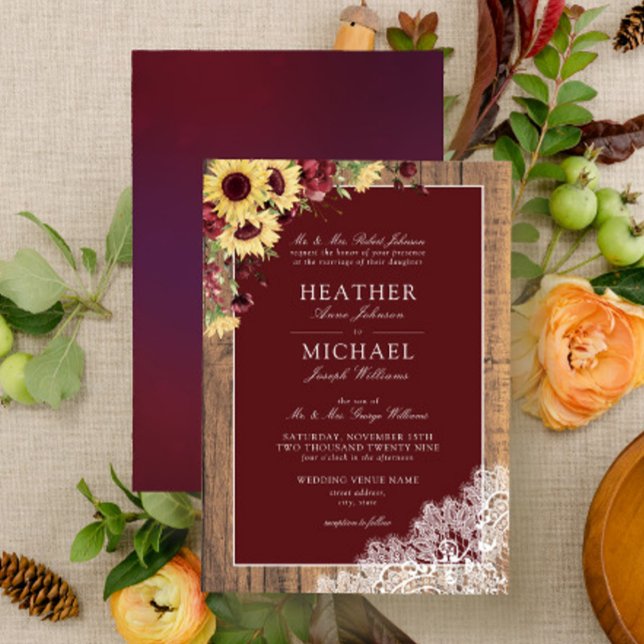 Invitation Tournesol Bourgogne Rustique Mariage de script de  (Créateur téléchargé)