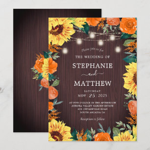 Invitation Tournesol Coral Floral Mason Jar Mariage