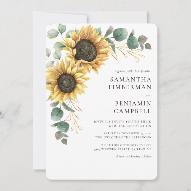 Invitation Tournesol d'aquarelle et Mariage d'eucalyptus (Devant)