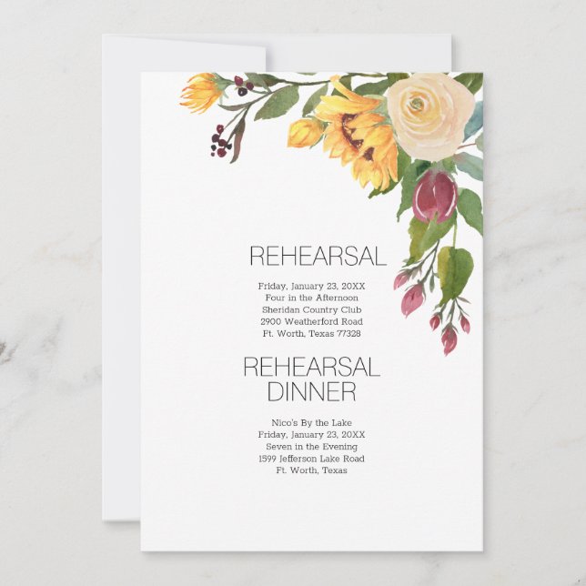 Invitation Tournesol d'aquarelle Répétition Mariage moderne (Devant)