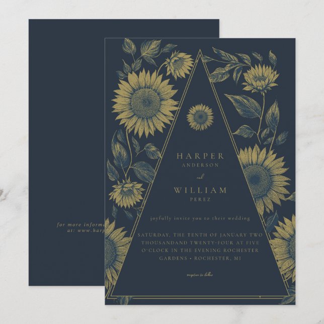 Invitation Tournesol de triangle de Bohême mariage bleu marin (Devant / Derrière)