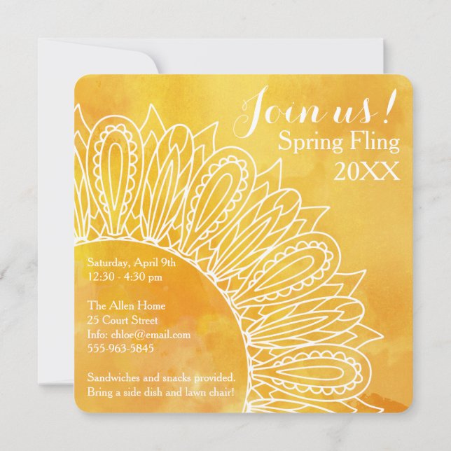 Invitation Tournesol délicieux aquarelle jaune et orange (Dos)