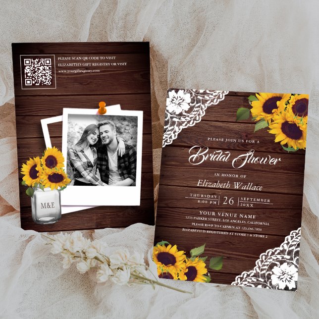 Invitation Tournesol dentelle en bois Photo QR Code Fête des  (Créateur téléchargé)