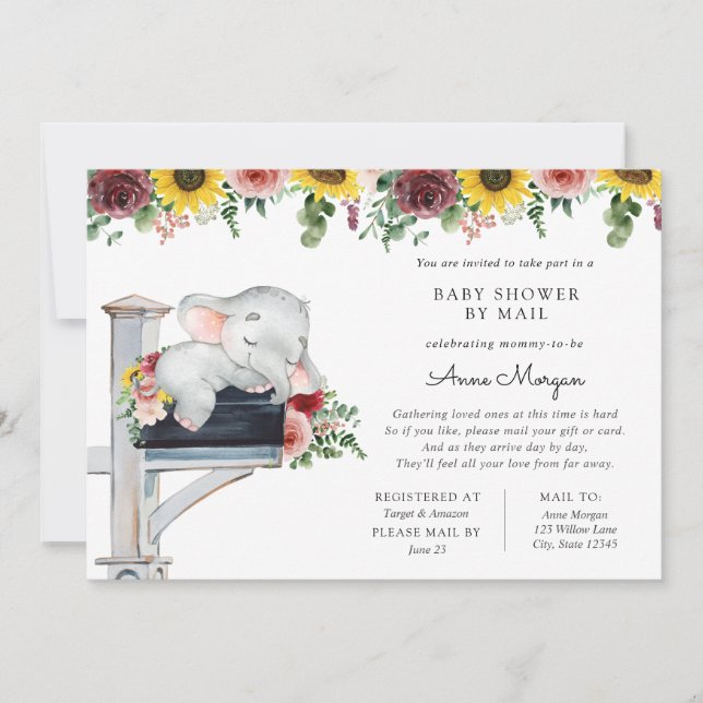 Invitation Tournesol éléphant et Baby shower Rose par courrie (Devant)