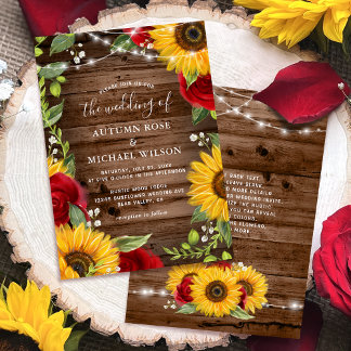 Invitation Tournesol en bois Brown rustique et Mariage en ros