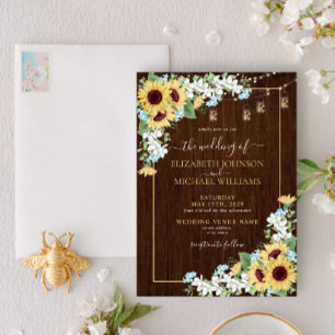 Invitation Tournesol en bois rustique Dusty Blue Floral Maria