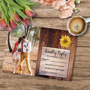 Invitation Tournesol en bois rustique pays RSVP Mariage