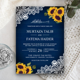 Invitation Tournesol en dentelle de bois bleu rustique mariag