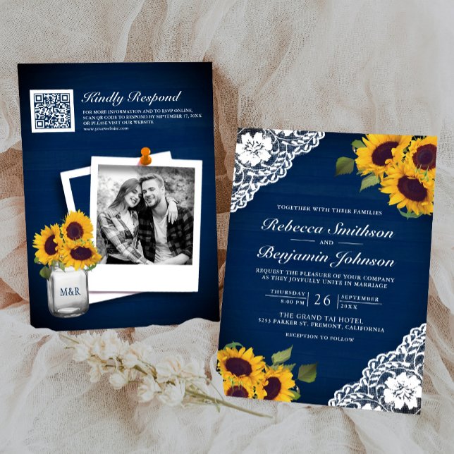 Invitation Tournesol en dentelle de marine Photo QR Code Mari (Créateur téléchargé)