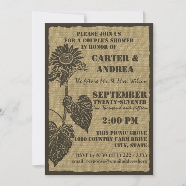 Invitation Tournesol et douche Burlap Couple (Devant)